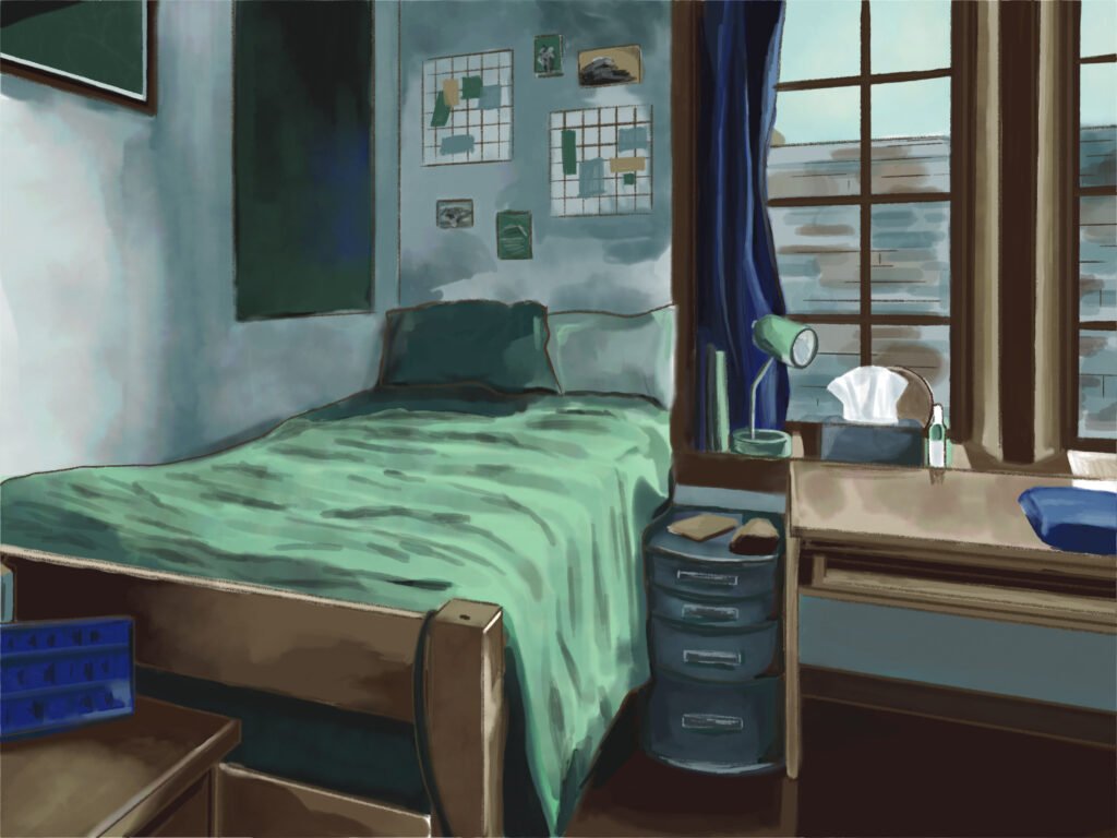 Digital watercolor of my dorm room.