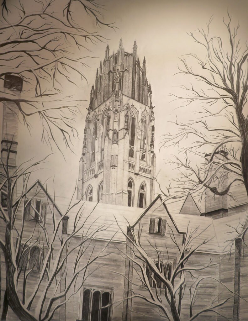 A drawing of Harkness Tower