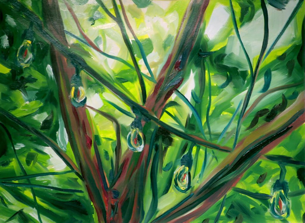 A painting of a lightbulb garland in a tree
