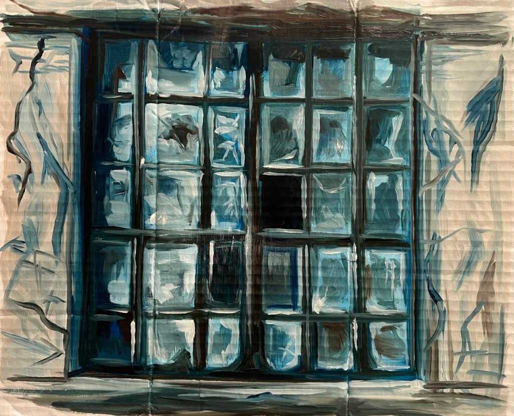 A painting of a broken window
